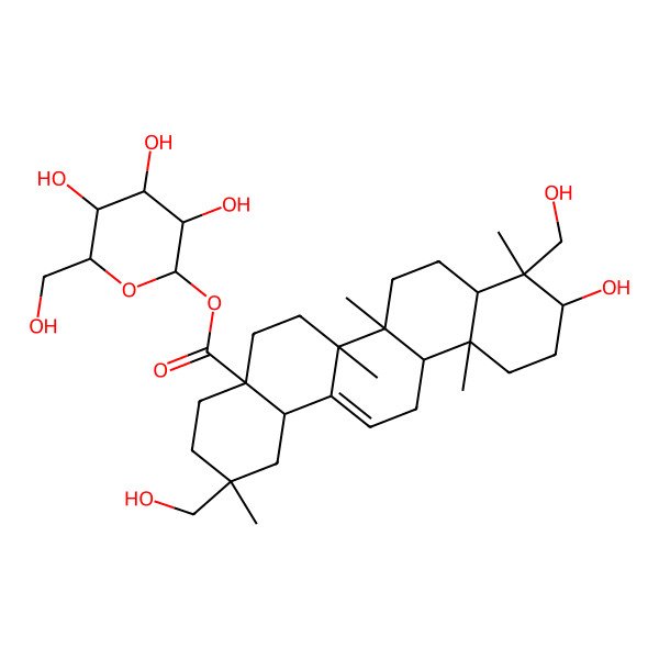 2D Structure of [(2S,3R,4S,5S,6R)-3,4,5-trihydroxy-6-(hydroxymethyl)oxan-2-yl] (2R,4aR,6aR,6aS,6bR,8aR,9R,10S,12aR,14bS)-10-hydroxy-2,9-bis(hydroxymethyl)-2,6a,6b,9,12a-pentamethyl-1,3,4,5,6,6a,7,8,8a,10,11,12,13,14b-tetradecahydropicene-4a-carboxylate