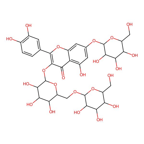 2D Structure of 2-(3,4-dihydroxyphenyl)-5-hydroxy-7-[(2S,3R,4S,5S,6R)-3,4,5-trihydroxy-6-(hydroxymethyl)oxan-2-yl]oxy-3-[(2S,3R,4S,5S,6R)-3,4,5-trihydroxy-6-[[(2S,3R,4S,5S,6R)-3,4,5-trihydroxy-6-(hydroxymethyl)oxan-2-yl]oxymethyl]oxan-2-yl]oxychromen-4-one