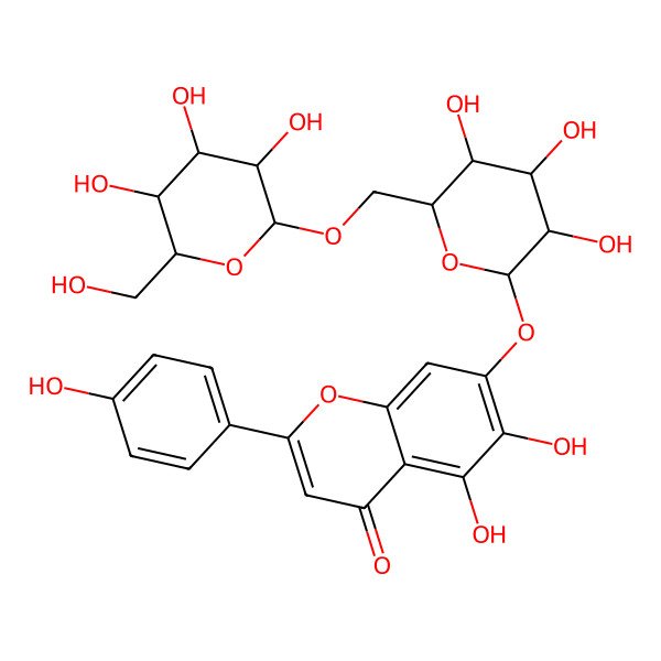 2D Structure of 5,6-dihydroxy-2-(4-hydroxyphenyl)-7-[(2S,3R,4S,5S,6R)-3,4,5-trihydroxy-6-[[(2R,3R,4S,5S,6R)-3,4,5-trihydroxy-6-(hydroxymethyl)oxan-2-yl]oxymethyl]oxan-2-yl]oxychromen-4-one