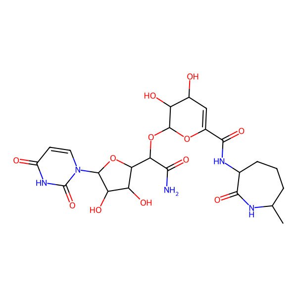 2D Structure of (2S,3S,4S)-2-[(1R)-2-Amino-1-[(2S,3S,4R,5R)-5-(2,4-dioxopyrimidin-1-yl)-3,4-dihydroxyoxolan-2-yl]-2-oxoethoxy]-3,4-dihydroxy-N-[(3S,7R)-7-methyl-2-oxoazepan-3-yl]-3,4-dihydro-2H-pyran-6-carboxamide