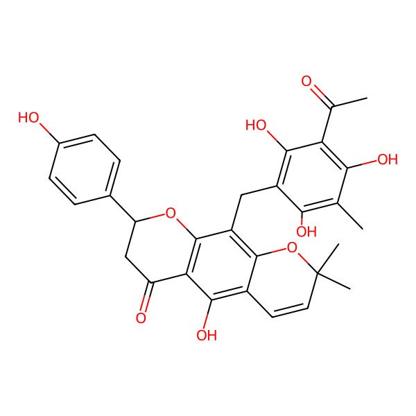 2D Structure of (8R)-10-[(3-acetyl-2,4,6-trihydroxy-5-methylphenyl)methyl]-5-hydroxy-8-(4-hydroxyphenyl)-2,2-dimethyl-7,8-dihydropyrano[3,2-g]chromen-6-one