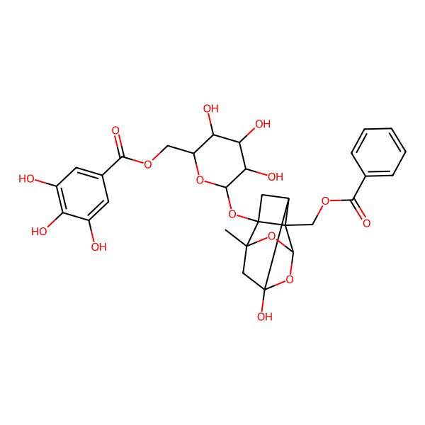 2D Structure of [6-[[(1R,2S,3R,5S,6R,8S)-2-(benzoyloxymethyl)-6-hydroxy-8-methyl-9,10-dioxatetracyclo[4.3.1.02,5.03,8]decan-3-yl]oxy]-3,4,5-trihydroxyoxan-2-yl]methyl 3,4,5-trihydroxybenzoate