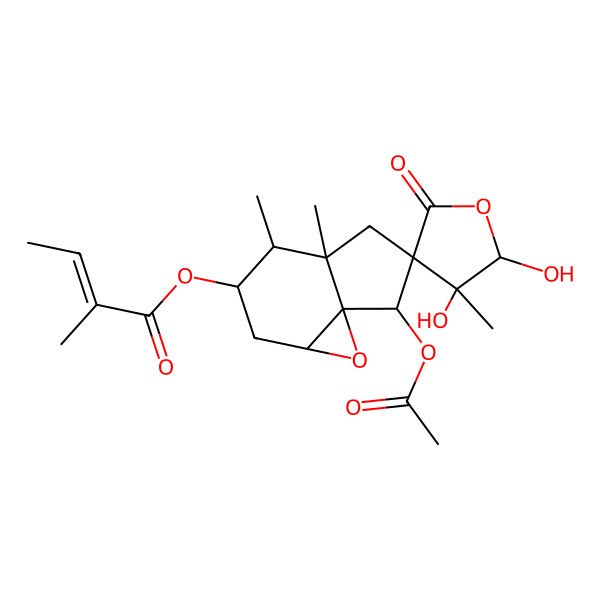 2D Structure of (10-Acetyloxy-2',3'-dihydroxy-3',6,7-trimethyl-5'-oxospiro[2-oxatricyclo[5.3.0.01,3]decane-9,4'-oxolane]-5-yl) 2-methylbut-2-enoate