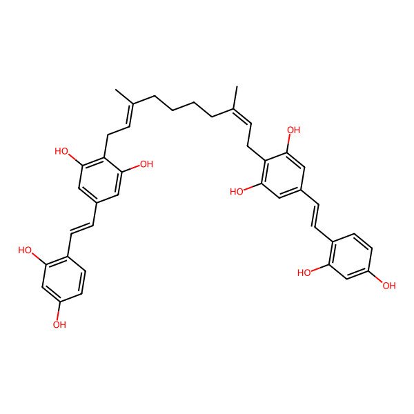 2D Structure of 5-[(E)-2-(2,4-dihydroxyphenyl)ethenyl]-2-[(2E,8E)-10-[4-[(E)-2-(2,4-dihydroxyphenyl)ethenyl]-2,6-dihydroxyphenyl]-3,8-dimethyldeca-2,8-dienyl]benzene-1,3-diol