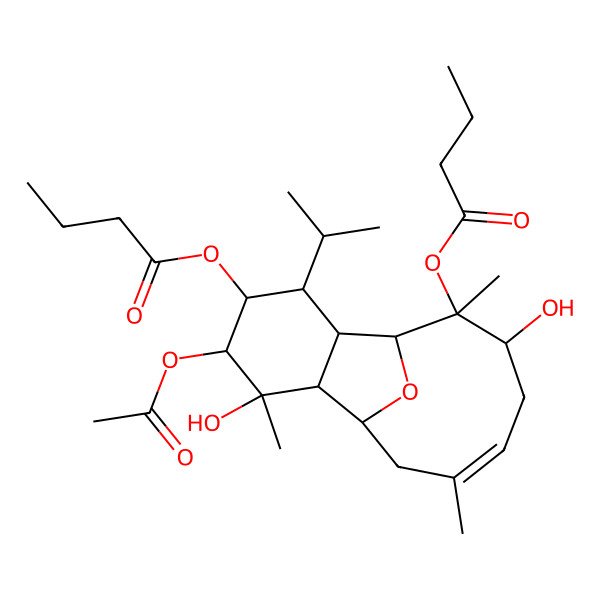 2D Structure of (5-Acetyloxy-14-butanoyloxy-6,13-dihydroxy-6,10,14-trimethyl-3-propan-2-yl-15-oxatricyclo[6.6.1.02,7]pentadec-10-en-4-yl) butanoate