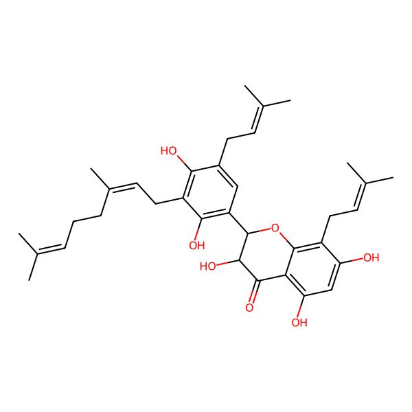 2D Structure of (2S,3S)-2-[3-[(2E)-3,7-dimethylocta-2,6-dienyl]-2,4-dihydroxy-5-(3-methylbut-2-enyl)phenyl]-3,5,7-trihydroxy-8-(3-methylbut-2-enyl)-2,3-dihydrochromen-4-one