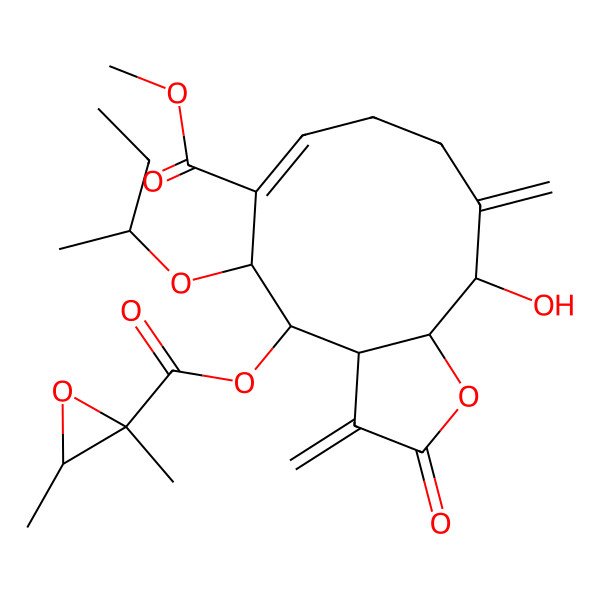 2D Structure of methyl (3aS,4S,5S,6E,11S,11aS)-5-[(2S)-butan-2-yl]oxy-4-[(2S,3S)-2,3-dimethyloxirane-2-carbonyl]oxy-11-hydroxy-3,10-dimethylidene-2-oxo-4,5,8,9,11,11a-hexahydro-3aH-cyclodeca[b]furan-6-carboxylate