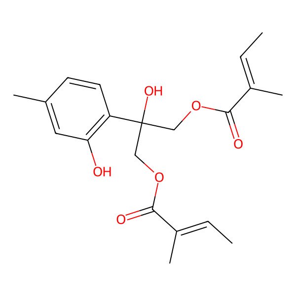 2D Structure of [2-hydroxy-2-(2-hydroxy-4-methylphenyl)-3-[(Z)-2-methylbut-2-enoyl]oxypropyl] (Z)-2-methylbut-2-enoate
