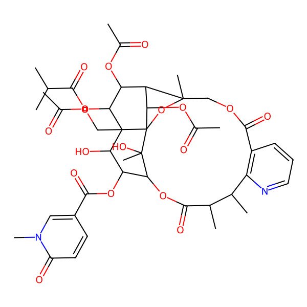 2D Structure of [22,24-Diacetyloxy-20-(acetyloxymethyl)-19,25-dihydroxy-3,13,14,25-tetramethyl-21-(2-methylpropanoyloxy)-6,15-dioxo-2,5,16-trioxa-11-azapentacyclo[15.7.1.01,20.03,23.07,12]pentacosa-7(12),8,10-trien-18-yl] 1-methyl-6-oxopyridine-3-carboxylate