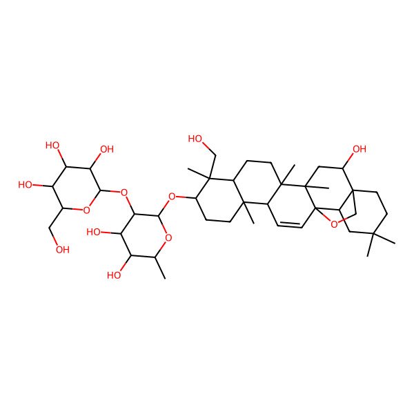 2D Structure of (2S,3R,4S,5S,6R)-2-[(2R,3R,4S,5R,6R)-4,5-dihydroxy-2-[[(1S,2S,4S,5R,8R,9R,10S,13S,14R,17S,18R)-2-hydroxy-9-(hydroxymethyl)-4,5,9,13,20,20-hexamethyl-24-oxahexacyclo[15.5.2.01,18.04,17.05,14.08,13]tetracos-15-en-10-yl]oxy]-6-methyloxan-3-yl]oxy-6-(hydroxymethyl)oxane-3,4,5-triol