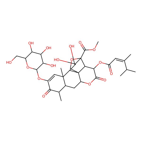 2D Structure of Methyl 3-(3,4-dimethylpent-2-enoyloxy)-15,16-dihydroxy-9,13-dimethyl-4,10-dioxo-11-[3,4,5-trihydroxy-6-(hydroxymethyl)oxan-2-yl]oxy-5,18-dioxapentacyclo[12.5.0.01,6.02,17.08,13]nonadec-11-ene-17-carboxylate