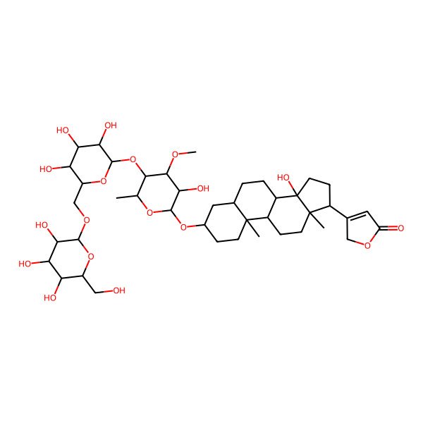 2D Structure of 3-[(3S,5R,8R,9S,10S,13R,14S,17R)-14-hydroxy-3-[(2R,3R,4R,5S,6R)-3-hydroxy-4-methoxy-6-methyl-5-[(2S,3R,4S,5S,6R)-3,4,5-trihydroxy-6-[[(2R,3R,4S,5S,6R)-3,4,5-trihydroxy-6-(hydroxymethyl)oxan-2-yl]oxymethyl]oxan-2-yl]oxyoxan-2-yl]oxy-10,13-dimethyl-1,2,3,4,5,6,7,8,9,11,12,15,16,17-tetradecahydrocyclopenta[a]phenanthren-17-yl]-2H-furan-5-one