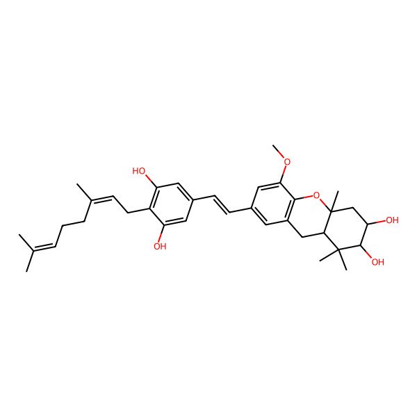 2D Structure of 7-[2-[4-(3,7-dimethylocta-2,6-dienyl)-3,5-dihydroxyphenyl]ethenyl]-5-methoxy-1,1,4a-trimethyl-3,4,9,9a-tetrahydro-2H-xanthene-2,3-diol