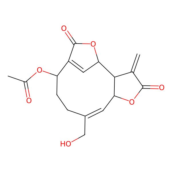2D Structure of [(1R,2R,6S,7E,11S)-8-(hydroxymethyl)-3-methylidene-4,13-dioxo-5,14-dioxatricyclo[10.2.1.02,6]pentadeca-7,12(15)-dien-11-yl] acetate