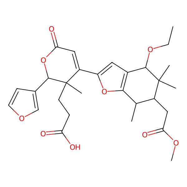 2D Structure of 3-[4-[4-ethoxy-6-(2-methoxy-2-oxoethyl)-5,5,7-trimethyl-6,7-dihydro-4H-1-benzofuran-2-yl]-2-(furan-3-yl)-3-methyl-6-oxo-2H-pyran-3-yl]propanoic acid