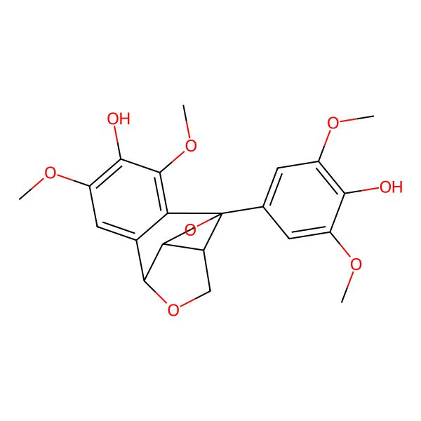 2D Structure of (2R,5R,6R,9S)-9-(4-hydroxy-3,5-dimethoxyphenyl)-11,13-dimethoxy-3,8-dioxatetracyclo[8.4.0.02,6.05,9]tetradeca-1(14),10,12-trien-12-ol