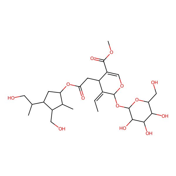 2D Structure of methyl (4S,5Z,6S)-5-ethylidene-4-[2-[(1S,2S,3S,4S)-3-(hydroxymethyl)-4-(1-hydroxypropan-2-yl)-2-methylcyclopentyl]oxy-2-oxoethyl]-6-[(2S,3R,4S,5S,6R)-3,4,5-trihydroxy-6-(hydroxymethyl)oxan-2-yl]oxy-4H-pyran-3-carboxylate