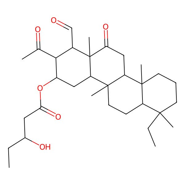 2D Structure of (2-acetyl-7-ethyl-1-formyl-4b,7,10a,12a-tetramethyl-12-oxo-2,3,4,4a,5,6,6a,8,9,10,10b,11-dodecahydro-1H-chrysen-3-yl) 3-hydroxypentanoate