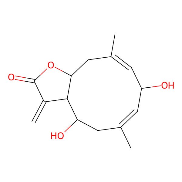 2D Structure of (3aR,4R,6E,8R,9Z,11aS)-4,8-dihydroxy-6,10-dimethyl-3-methylidene-3a,4,5,8,11,11a-hexahydrocyclodeca[b]furan-2-one