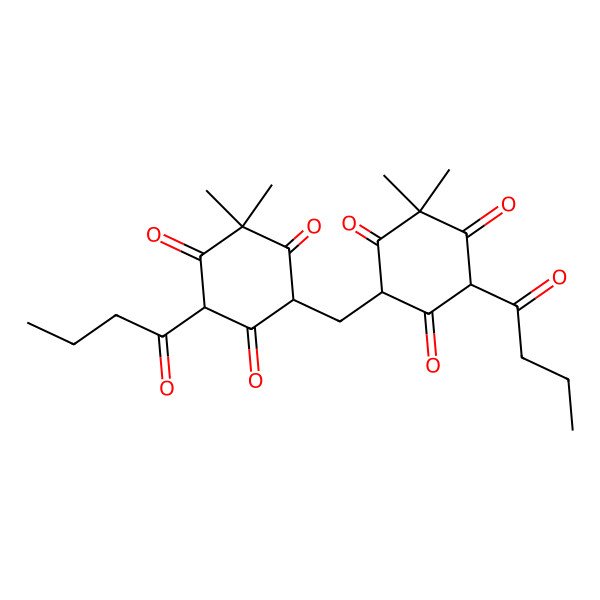 2D Structure of 4-Butanoyl-6-[(5-butanoyl-3,3-dimethyl-2,4,6-trioxocyclohexyl)methyl]-2,2-dimethylcyclohexane-1,3,5-trione