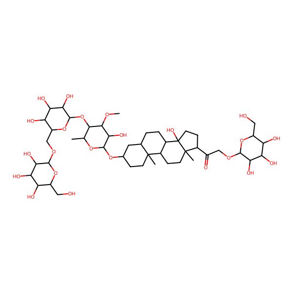 2D Structure of 1-[(3S,5R,8R,9S,10S,13R,14S,17S)-14-hydroxy-3-[(2R,3R,4S,5S,6S)-3-hydroxy-4-methoxy-6-methyl-5-[(2S,3R,4S,5S,6R)-3,4,5-trihydroxy-6-[[(2R,3R,4S,5S,6R)-3,4,5-trihydroxy-6-(hydroxymethyl)oxan-2-yl]oxymethyl]oxan-2-yl]oxyoxan-2-yl]oxy-10,13-dimethyl-1,2,3,4,5,6,7,8,9,11,12,15,16,17-tetradecahydrocyclopenta[a]phenanthren-17-yl]-2-[(2R,3R,4S,5S,6R)-3,4,5-trihydroxy-6-(hydroxymethyl)oxan-2-yl]oxyethanone