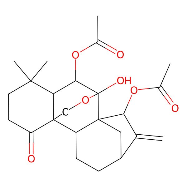 2D Structure of (7-Acetyloxy-9-hydroxy-12,12-dimethyl-6-methylidene-15-oxo-17-oxapentacyclo[7.6.2.15,8.01,11.02,8]octadecan-10-yl) acetate