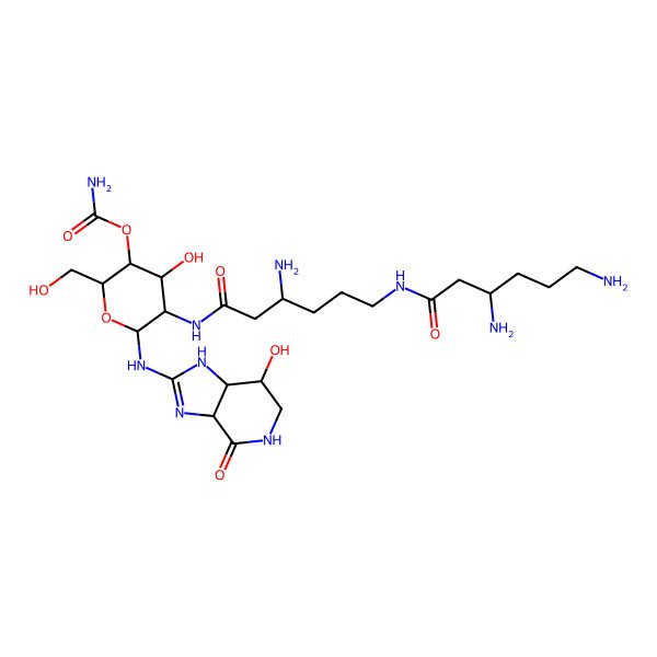 2D Structure of [6-[[(3aS,7R,7aS)-7-hydroxy-4-oxo-1,3a,5,6,7,7a-hexahydroimidazo[4,5-c]pyridin-2-yl]amino]-5-[[(3R)-3-amino-6-[[(3R)-3,6-diaminohexanoyl]amino]hexanoyl]amino]-4-hydroxy-2-(hydroxymethyl)oxan-3-yl] carbamate