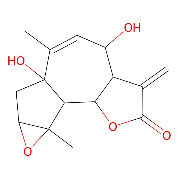 2D Structure of (1R,2S,6R,7S,10S,12R,14S)-7,10-dihydroxy-9,14-dimethyl-5-methylidene-3,13-dioxatetracyclo[8.4.0.02,6.012,14]tetradec-8-en-4-one