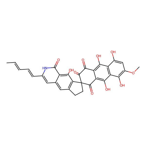 2D Structure of 5',8',9,9',10'-pentahydroxy-6'-methoxy-3-penta-1,3-dienylspiro[6,7-dihydro-2H-cyclopenta[g]isoquinoline-8,3'-anthracene]-1,1',2',4'-tetrone