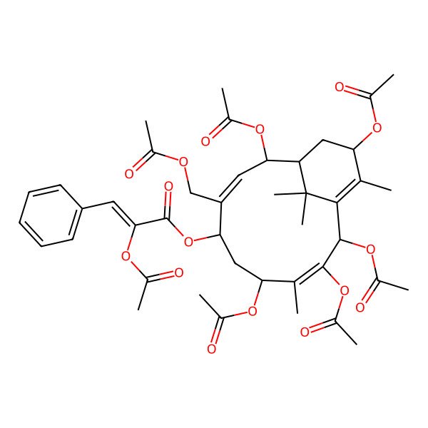 2D Structure of [(1R,2S,3E,5S,7R,8E,10R,13S)-2,7,9,10,13-pentaacetyloxy-4-(acetyloxymethyl)-8,12,15,15-tetramethyl-5-bicyclo[9.3.1]pentadeca-3,8,11-trienyl] (Z)-2-acetyloxy-3-phenylprop-2-enoate