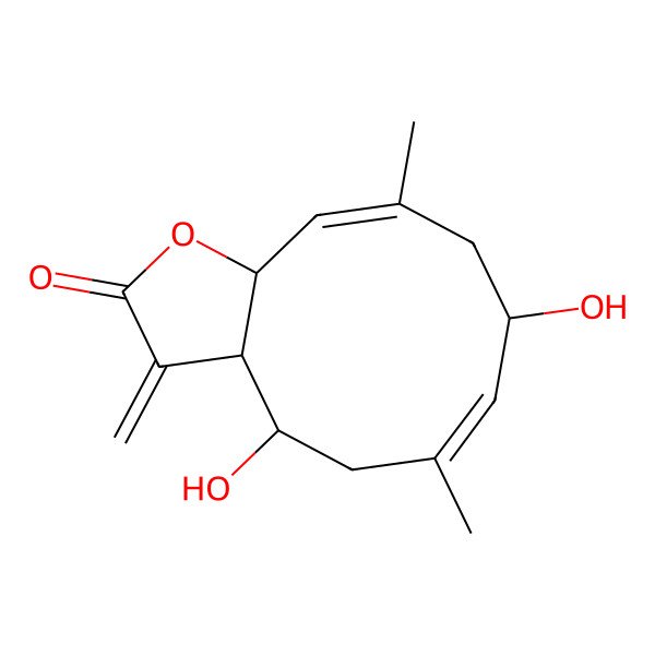 2D Structure of (3aS,4R,6E,8R,10E,11aR)-4,8-dihydroxy-6,10-dimethyl-3-methylidene-3a,4,5,8,9,11a-hexahydrocyclodeca[b]furan-2-one