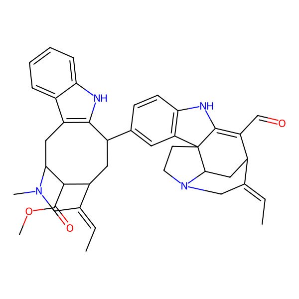 2D Structure of methyl (1S,12S,14R,15Z,18S)-15-ethylidene-12-[(11S,12Z,17S)-12-ethylidene-10-formyl-8,14-diazapentacyclo[9.5.2.01,9.02,7.014,17]octadeca-2(7),3,5,9-tetraen-4-yl]-17-methyl-10,17-diazatetracyclo[12.3.1.03,11.04,9]octadeca-3(11),4,6,8-tetraene-18-carboxylate