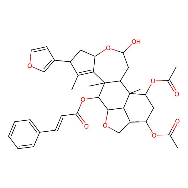 2D Structure of [(1R,11R,16R)-17,19-diacetyloxy-8-(furan-3-yl)-4-hydroxy-1,9,11,16-tetramethyl-5,14-dioxapentacyclo[11.6.1.02,11.06,10.016,20]icos-9-en-12-yl] (E)-3-phenylprop-2-enoate