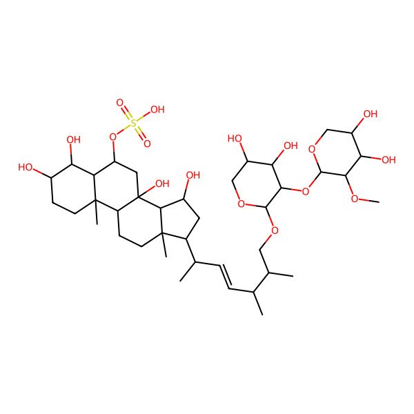 2D Structure of [17-[(E)-7-[3-(4,5-dihydroxy-3-methoxyoxan-2-yl)oxy-4,5-dihydroxyoxan-2-yl]oxy-5,6-dimethylhept-3-en-2-yl]-3,4,8,15-tetrahydroxy-10,13-dimethyl-1,2,3,4,5,6,7,9,11,12,14,15,16,17-tetradecahydrocyclopenta[a]phenanthren-6-yl] hydrogen sulfate