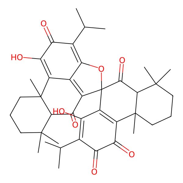 2D Structure of (2R,4'bS,7R,8'aS,10R)-1',15-dihydroxy-2,4'b,6,6,8',8'-hexamethyl-2',13-di(propan-2-yl)spiro[11-oxatetracyclo[7.6.1.02,7.012,16]hexadeca-1(15),9(16),12-triene-10,10'-5,6,7,8a-tetrahydrophenanthrene]-3',4',8,9',14-pentone