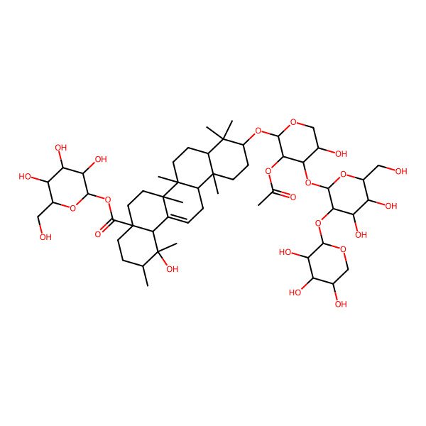 2D Structure of [(2S,3R,4S,5S,6R)-3,4,5-trihydroxy-6-(hydroxymethyl)oxan-2-yl] (1R,2R,4aS,6aR,6aS,6bR,8aR,10S,12aR,14bS)-10-[(2S,3R,4S,5S)-3-acetyloxy-4-[(2S,3R,4S,5S,6R)-4,5-dihydroxy-6-(hydroxymethyl)-3-[(2S,3R,4S,5R)-3,4,5-trihydroxyoxan-2-yl]oxyoxan-2-yl]oxy-5-hydroxyoxan-2-yl]oxy-1-hydroxy-1,2,6a,6b,9,9,12a-heptamethyl-2,3,4,5,6,6a,7,8,8a,10,11,12,13,14b-tetradecahydropicene-4a-carboxylate