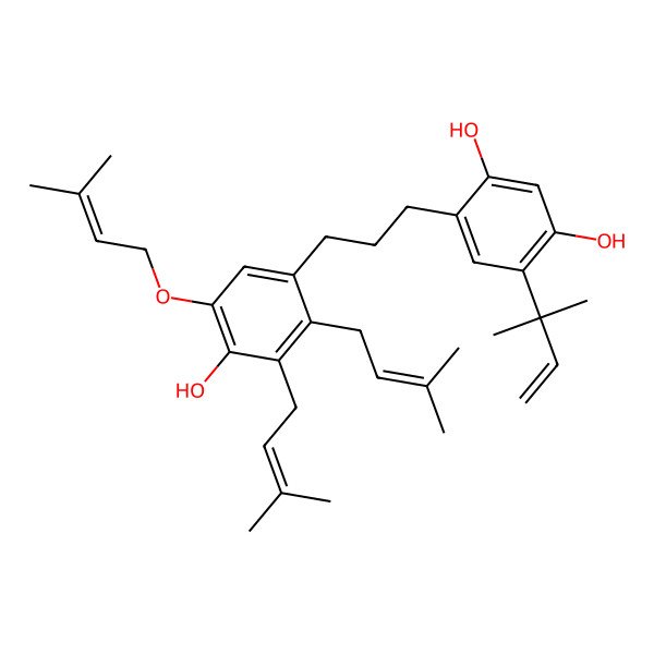 2D Structure of 4-[3-[4-Hydroxy-5-(3-methylbut-2-enoxy)-2,3-bis(3-methylbut-2-enyl)phenyl]propyl]-6-(2-methylbut-3-en-2-yl)benzene-1,3-diol