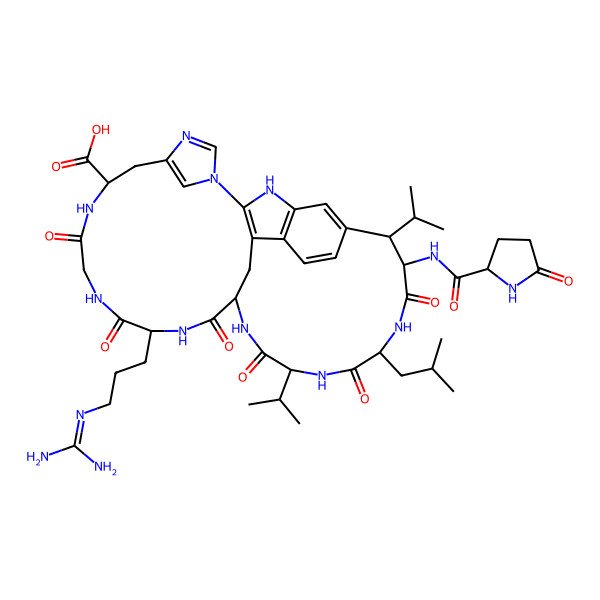 2D Structure of (8R,9S,12S,15S,18R,21S,27S)-21-[3-(diaminomethylideneamino)propyl]-12-(2-methylpropyl)-10,13,16,19,22,25-hexaoxo-9-[[(2S)-5-oxopyrrolidine-2-carbonyl]amino]-8,15-di(propan-2-yl)-2,11,14,17,20,23,26,30,32-nonazapentacyclo[16.14.2.13,7.129,32.04,33]hexatriaconta-1(33),3,5,7(36),29(35),30-hexaene-27-carboxylic acid
