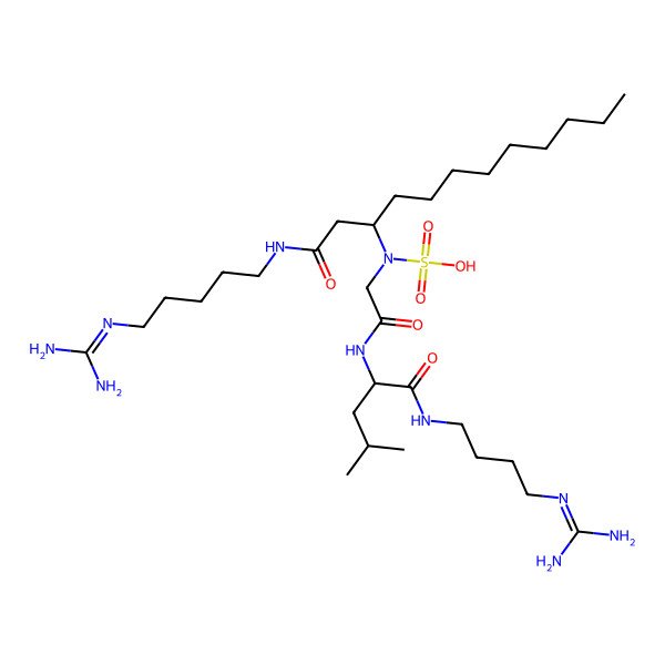 2D Structure of [2-[[(2S)-1-[4-(diaminomethylideneamino)butylamino]-4-methyl-1-oxopentan-2-yl]amino]-2-oxoethyl]-[1-[5-(diaminomethylideneamino)pentylamino]-1-oxododecan-3-yl]sulfamic acid