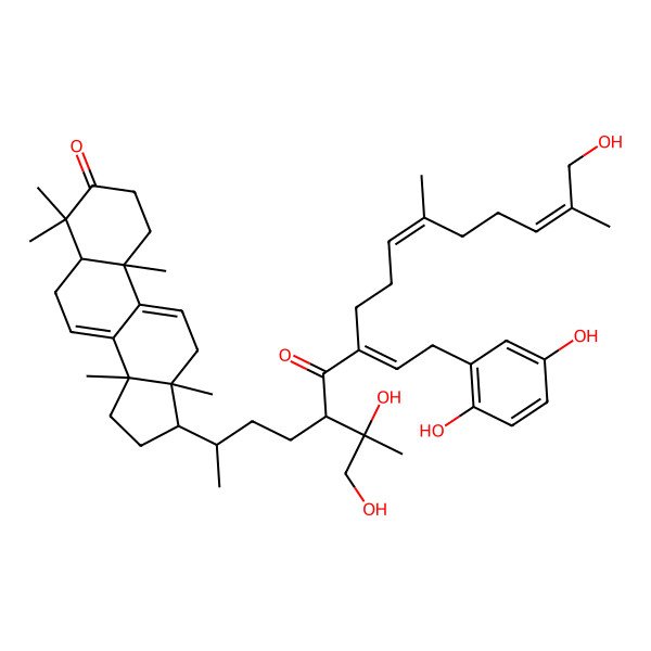 2D Structure of 17-[7-[2-(2,5-Dihydroxyphenyl)ethylidene]-5-(1,2-dihydroxypropan-2-yl)-16-hydroxy-11,15-dimethyl-6-oxohexadeca-10,14-dien-2-yl]-4,4,10,13,14-pentamethyl-1,2,5,6,12,15,16,17-octahydrocyclopenta[a]phenanthren-3-one