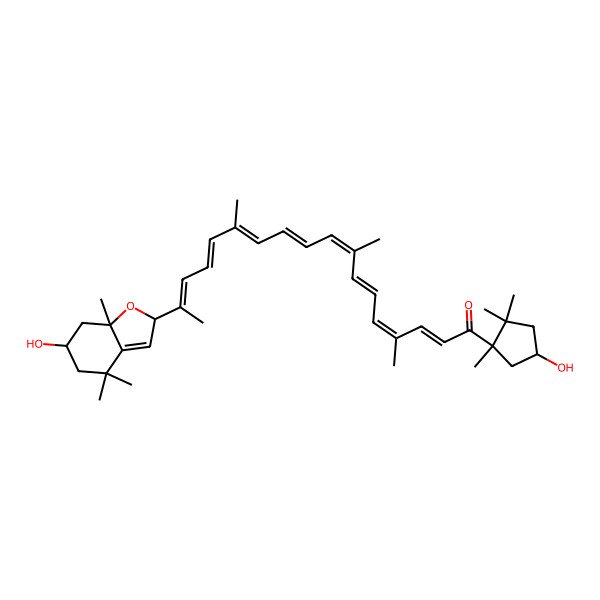 2D Structure of (2E,4E,6E,8E,10E,12E,14E,16E)-17-[(2R,6S,7aR)-6-hydroxy-4,4,7a-trimethyl-2,5,6,7-tetrahydro-1-benzofuran-2-yl]-1-[(1R,4S)-4-hydroxy-1,2,2-trimethylcyclopentyl]-4,8,13-trimethyloctadeca-2,4,6,8,10,12,14,16-octaen-1-one