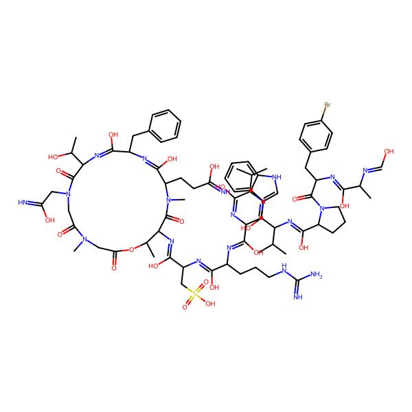2D Structure of N-[1-[1-[1-[1-[1-[[12-benzyl-11,14-dihydroxy-9-(1-hydroxyethyl)-7-(2-hydroxy-2-iminoethyl)-15-(3-hydroxy-3-iminopropyl)-4,16,19-trimethyl-2,5,8,17-tetraoxo-1-oxa-4,7,10,13,16-pentazacyclononadeca-10,13-dien-18-yl]imino]-1-hydroxy-3-sulfopropan-2-yl]imino-5-carbamimidamido-1-hydroxypentan-2-yl]imino-1-hydroxy-3-(1H-indol-3-yl)propan-2-yl]imino-1-hydroxy-3-methylbutan-2-yl]imino-1-hydroxy-3-methylbutan-2-yl]-1-[3-(4-bromophenyl)-2-[[1-hydroxy-2-(hydroxymethylideneamino)propylidene]amino]propanoyl]pyrrolidine-2-carboximidic acid