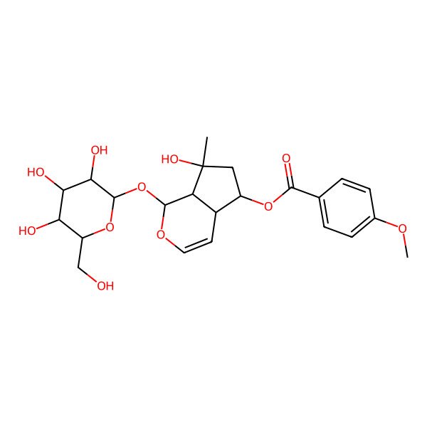 2D Structure of [7-hydroxy-7-methyl-1-[3,4,5-trihydroxy-6-(hydroxymethyl)oxan-2-yl]oxy-4a,5,6,7a-tetrahydro-1H-cyclopenta[c]pyran-5-yl] 4-methoxybenzoate