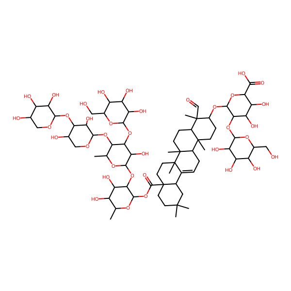 2D Structure of (2S,3S,4S,5R,6R)-6-[[(3S,4S,4aR,6aR,6bS,8aS,12aS,14aR,14bR)-8a-[(2S,3R,4S,5R,6R)-3-[(2S,3R,4S,5S,6S)-5-[(2S,3R,4S,5R)-3,5-dihydroxy-4-[(2S,3R,4S,5R)-3,4,5-trihydroxyoxan-2-yl]oxyoxan-2-yl]oxy-3-hydroxy-6-methyl-4-[(2S,3R,4S,5S,6R)-3,4,5-trihydroxy-6-(hydroxymethyl)oxan-2-yl]oxyoxan-2-yl]oxy-4,5-dihydroxy-6-methyloxan-2-yl]oxycarbonyl-4-formyl-4,6a,6b,11,11,14b-hexamethyl-1,2,3,4a,5,6,7,8,9,10,12,12a,14,14a-tetradecahydropicen-3-yl]oxy]-3,4-dihydroxy-5-[(2S,3R,4S,5R,6R)-3,4,5-trihydroxy-6-(hydroxymethyl)oxan-2-yl]oxyoxane-2-carboxylic acid