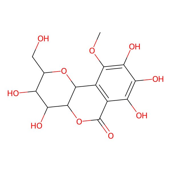 2D Structure of (2R,3S,4S,4aR,10bS)-3,4,7,8,9-pentahydroxy-2-(hydroxymethyl)-10-methoxy-3,4,4a,10b-tetrahydro-2H-pyrano[3,2-c]isochromen-6-one