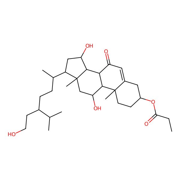 2D Structure of [(3S,8S,9S,10R,11R,13R,14S,15R,17R)-11,15-dihydroxy-17-[(2R,5R)-5-(2-hydroxyethyl)-6-methylheptan-2-yl]-10,13-dimethyl-7-oxo-1,2,3,4,8,9,11,12,14,15,16,17-dodecahydrocyclopenta[a]phenanthren-3-yl] propanoate