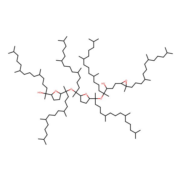 2D Structure of 4-[2-[5-[2-[2-[5-(2-Hydroxy-6,10,14-trimethylpentadecan-2-yl)oxolan-2-yl]-6,10,14-trimethylpentadecan-2-yl]oxy-6,10,14-trimethylpentadecan-2-yl]oxolan-2-yl]-6,10,14-trimethylpentadecan-2-yl]oxy-4,8,12,16-tetramethyl-1-[3-methyl-3-(4,8,12-trimethyltridecyl)oxiran-2-yl]heptadecan-3-ol