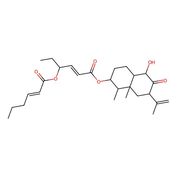 2D Structure of (5-Hydroxy-1,8a-dimethyl-6-oxo-7-prop-1-en-2-yl-1,2,3,4,4a,5,7,8-octahydronaphthalen-2-yl) 4-hex-2-enoyloxyhex-2-enoate
