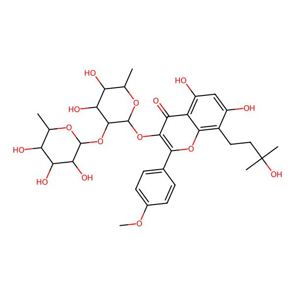 2D Structure of 3-[(2S,3S,4R,5R,6S)-4,5-dihydroxy-6-methyl-3-[(2S,3S,4R,5R,6S)-3,4,5-trihydroxy-6-methyloxan-2-yl]oxyoxan-2-yl]oxy-5,7-dihydroxy-8-(3-hydroxy-3-methylbutyl)-2-(4-methoxyphenyl)chromen-4-one