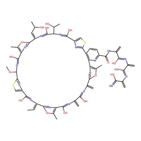 2D Structure of 2-[[(14S,17E,24S,31Z)-31-ethylidene-12,15,22,29,36,39-hexahydroxy-14-[(1R)-1-hydroxyethyl]-17-(2-hydroxypropylidene)-24-methoxy-20,34,44-trimethyl-38,41-dimethylidene-19,33,43-trioxa-9,26-dithia-3,13,16,23,30,37,40,45,46,47,48,49-dodecazaheptacyclo[40.2.1.18,11.118,21.125,28.132,35.02,7]nonatetraconta-1(44),2(7),3,5,8(49),10,12,15,18(48),20,22,25(47),27,29,32(46),34,36,39,42(45)-nonadecaene-4-carbonyl]amino]-N-[3-hydroxy-3-(3-hydroxy-3-iminoprop-1-en-2-yl)iminoprop-1-en-2-yl]prop-2-enimidic acid